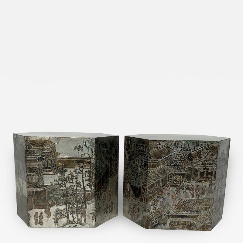 Philip and Kelvin LaVerne Pair LaVerne Side End Tables in Etched Bronze