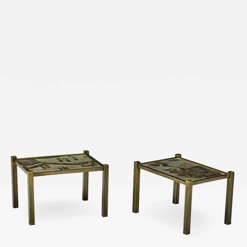 Philip and Kelvin LaVerne Pair of acid etched and patinated bronze Tao side tables