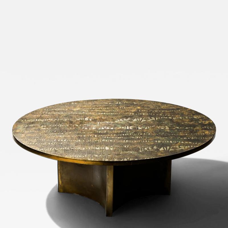 Philip and Kelvin LaVerne Rare Acid Etched Patinated Brass and Pewter Eternal Forest Coffee Table 