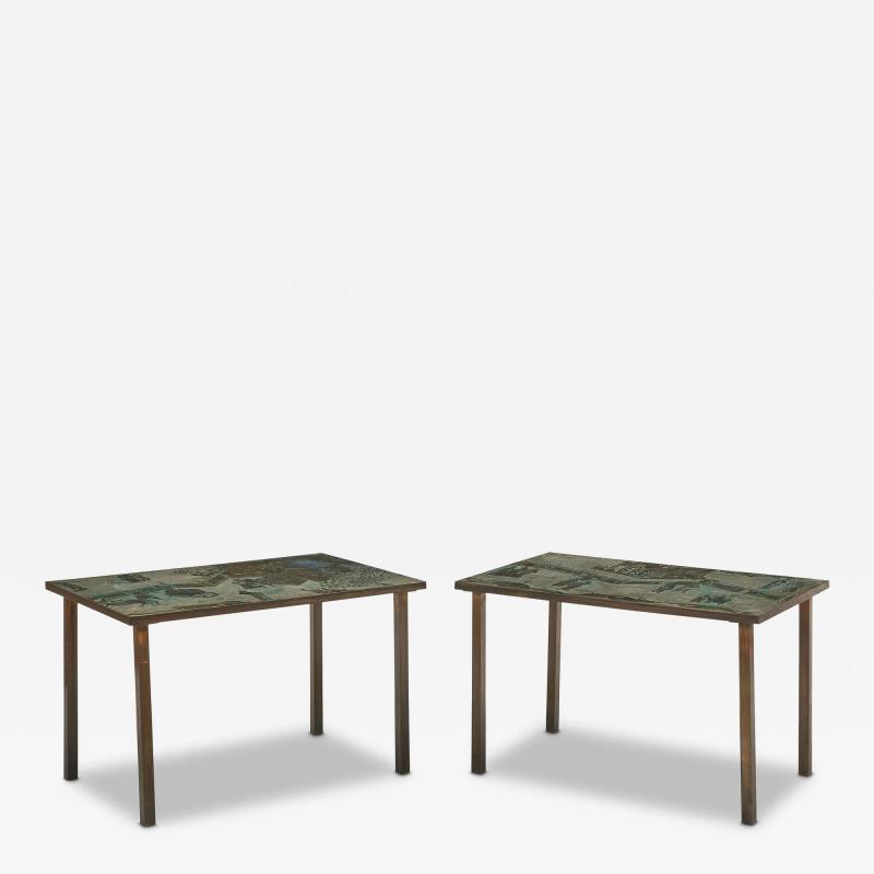 Philip and Kelvin LaVerne Rare Pair of Acid Etched Bronze and Pewter Tao Diptych Side Tables