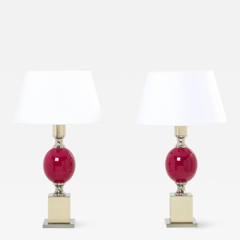 Philippe Barbier Pair of French enameled brass chrome table lamps Philippe Barbier 1970s