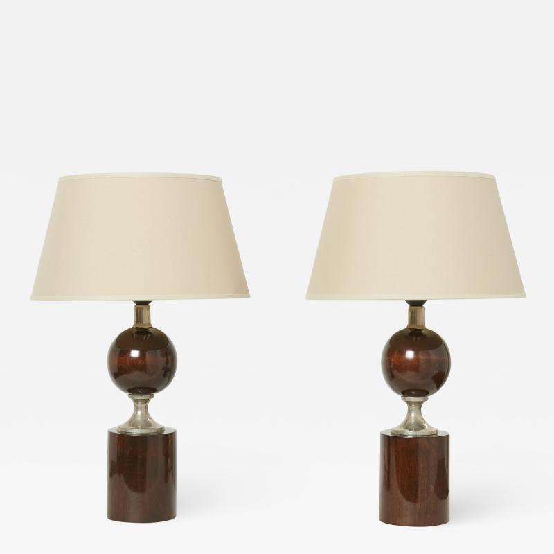 Philippe Barbier Pair of French walnut table lamps by Philippe Barbier 1970s