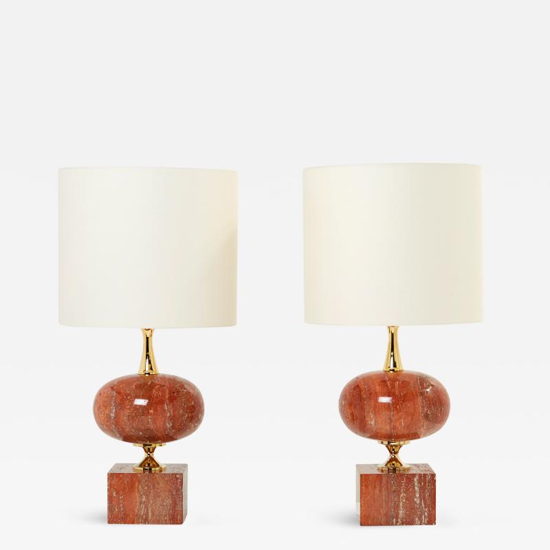 Philippe Barbier Pair of large French red travertine brass table lamps Philippe Barbier 1970s