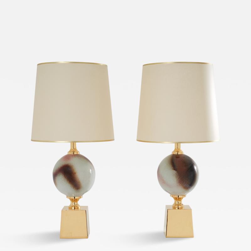 Philippe Barbier Philippe Barbier pair of large ceramic and brass table lamps 1970s