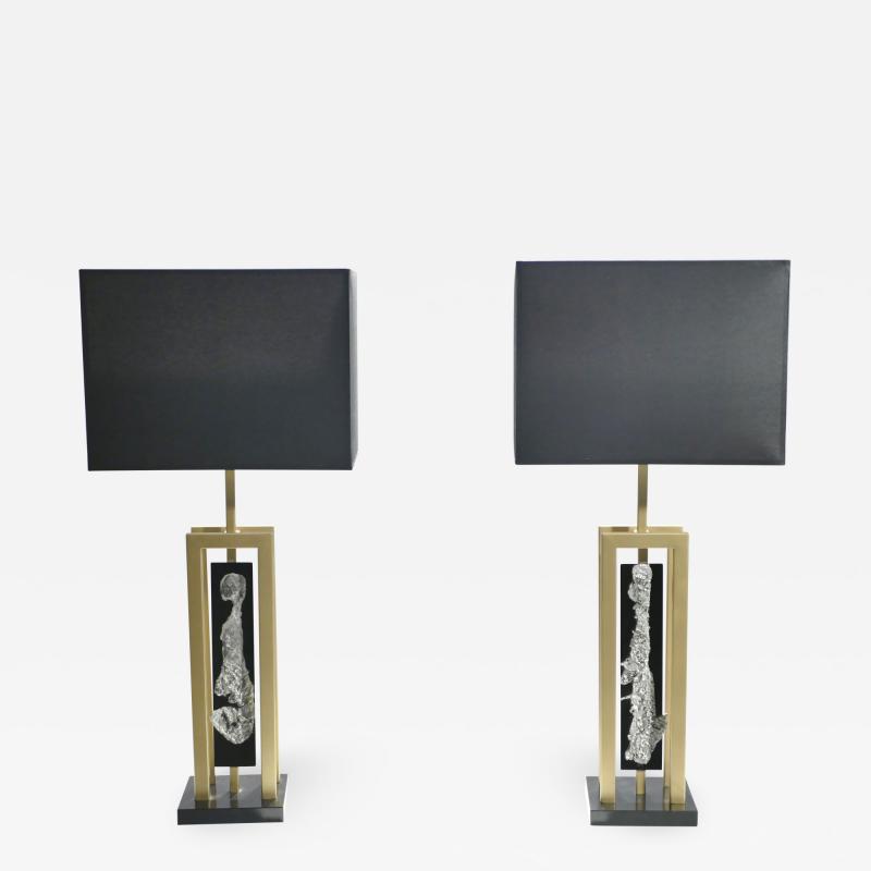 Philippe Cheverny Pair of large Philippe Cheverny brass and nickel table lamps 1970s