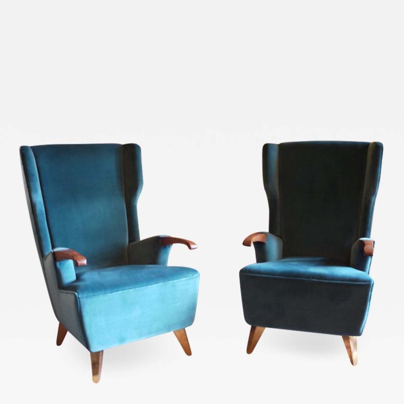 Pier Luigi Colli Pier Luigi Colli Midcentury Green Velvet Berg re Armchairs with Brass Feet Pair