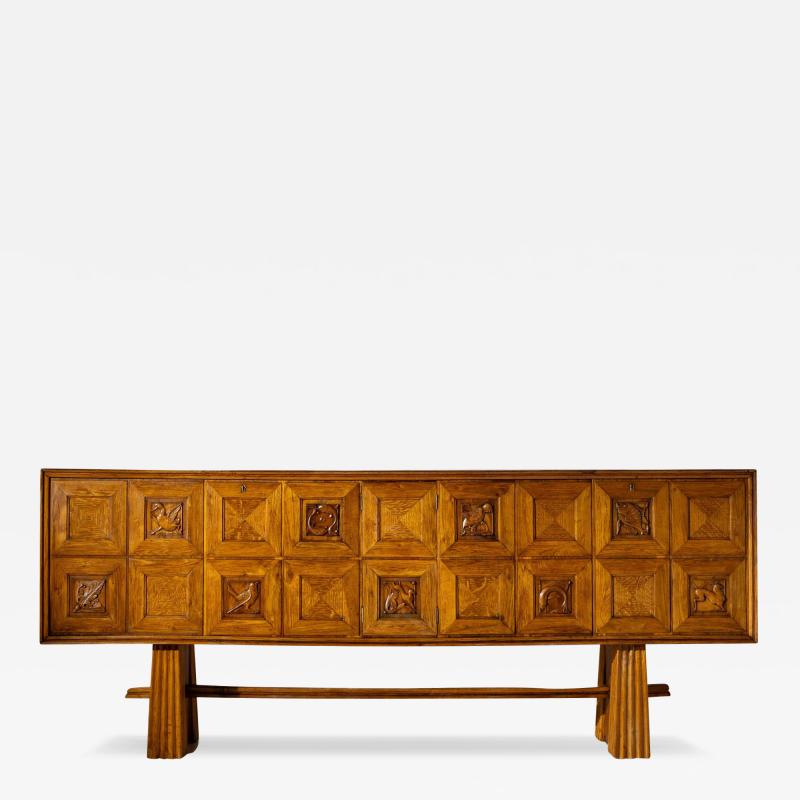 Pier Luigi Colli Pier Luigi Colli Oak wood sideboard with carved walnut inlays Italy 1940s