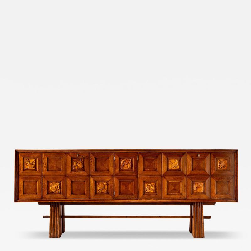Pier Luigi Colli Pier Luigi Colli Oak wood sideboard with carved walnut inlays Italy 1940s