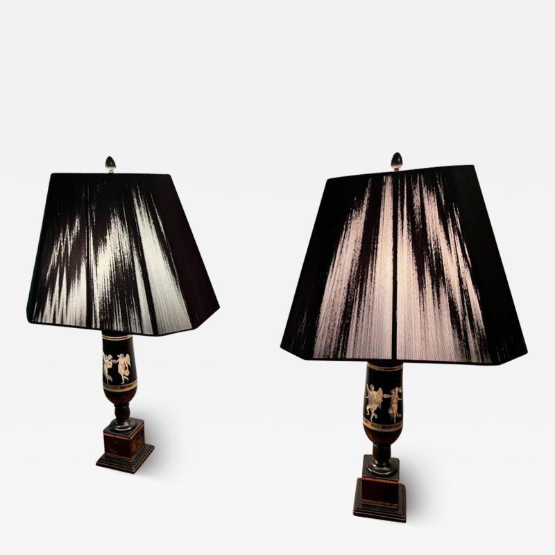 Piero Fornasetti ART DECO NEOCLASSICAL REVERSE PAINTED GLASS URN LAMPS WITH BLACK STRING SHADES