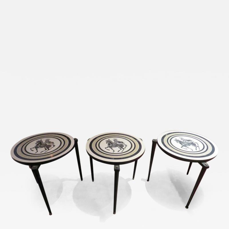 Piero Fornasetti Charming Set of 3 Piero Fornasetti Style Stack Nesting Table Mid Century Modern