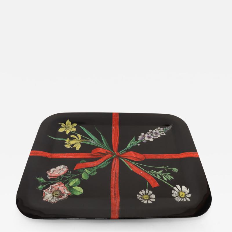 Piero Fornasetti Large Vintage Lacquered Metal Litho Ribbon and Floral Tray by Piero Fornasetti