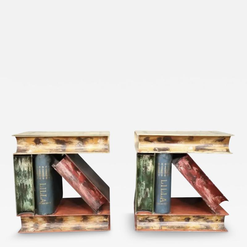 Piero Fornasetti MID CENTURY ITALIAN COLORFUL TOLE STACKED FANCY BOOKS SIDE TABLES