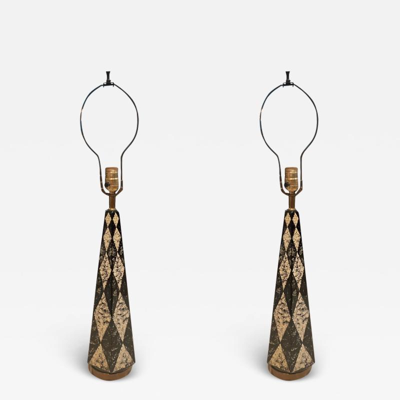 Piero Fornasetti MID CENTURY PAIR OF HARLEQUIN PATTERN OBELISK LAMPS IN THE MANNER OF FORNASETTI