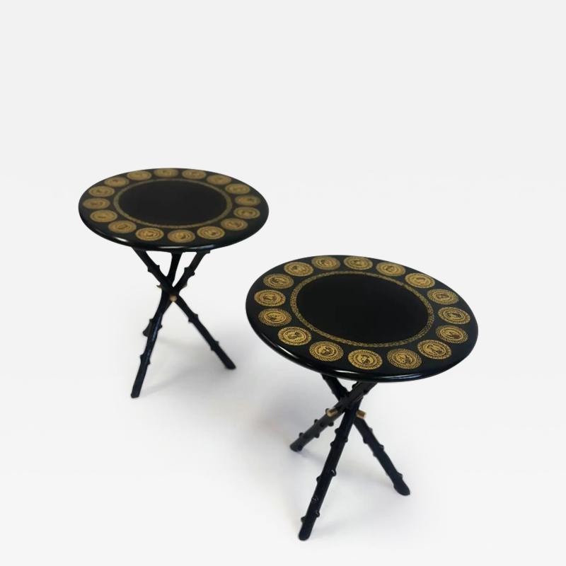 Piero Fornasetti Pair Italian Midcentury Lacquer Screenprint Side Tables by Piero Fornasetti