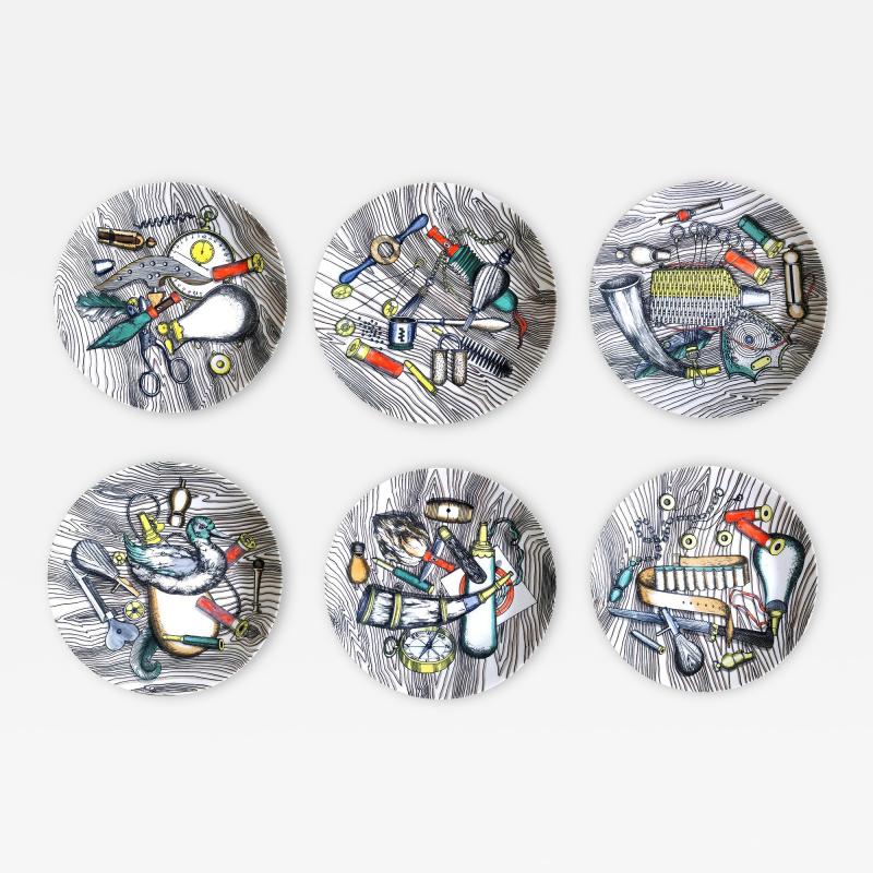 Piero Fornasetti Vintage Piero Fornasetti Porcelain with Bird Hunting Objects Set of Six Plates