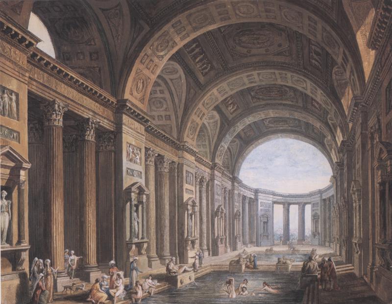 Pierre Antoine de Machy Vaulted Classical Interior with Figures Bathing