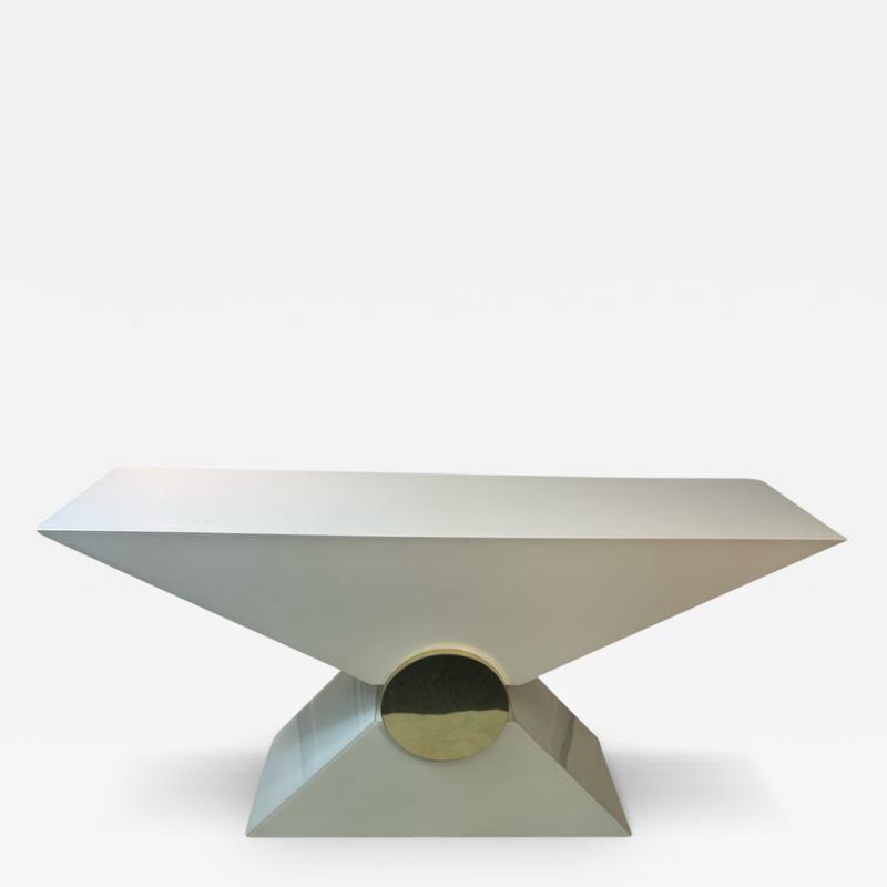 Pierre Cardin MODERNIST WHITE LUCITE AND GOLD ACCENT TRIANGULAR CONSOLE BY PIERRE CARDIN