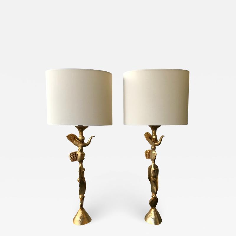 Pierre Casenove Pair of Gilt Bronze Lamps by Pierre Casenove for Fondica France 1980s