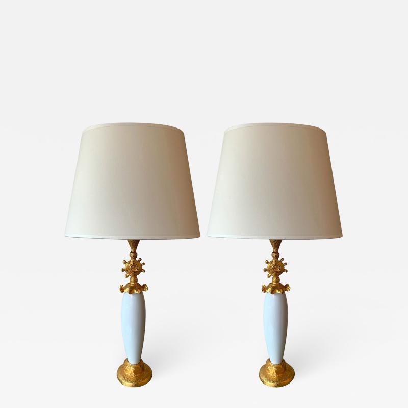 Pierre Casenove Pair of Sun Lamps Ceramic Gilt Metal by Pierre Casenove for Fondica