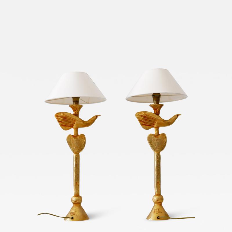 Pierre Casenove Set of Two Gilt Bronze Dove Table Lamps by Pierre Casenove for Fondica France