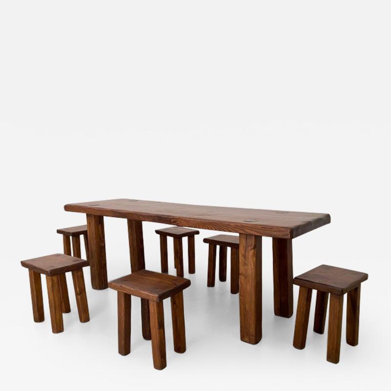 Pierre Chapo Dining Room set in solid Elm including 6 stools France 1970s