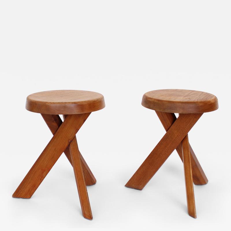 Pierre Chapo PIERRE CHAPO STOOLS TABOURETS PAIR S31 ELM FRANCE C1974 VINTAGE