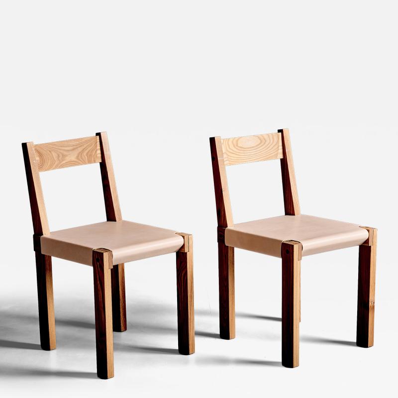 Pierre Chapo Pair of S 24 Wood Chairs with new full grain leather