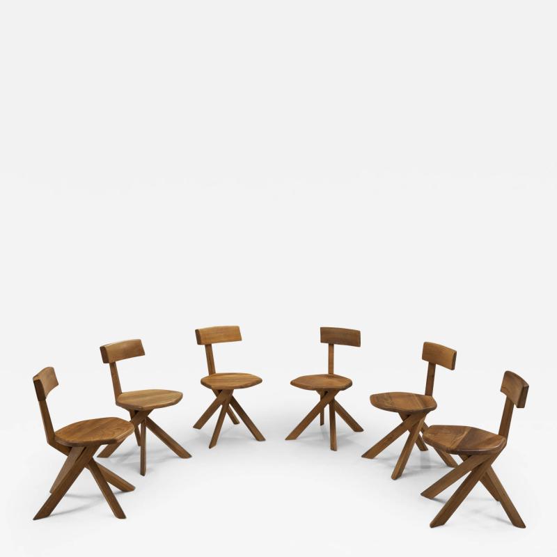 Pierre Chapo Pierre Chapo Set of Six S34 Elm Wood Chairs France 1960s