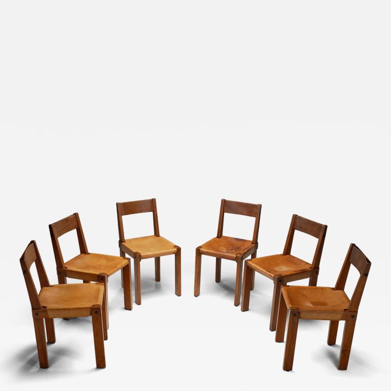Pierre Chapo Set of Six S24 Pierre Chapo Dining Chairs in Elm and Tan Leather France 1967