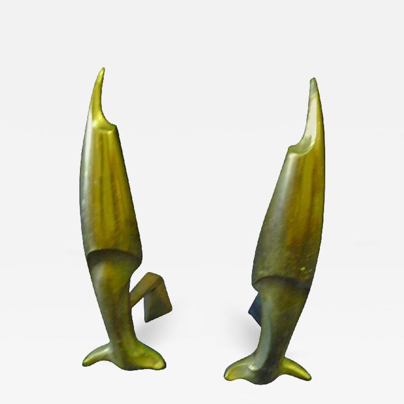 Pierre Emile LeGrain Pierre Emile LeGrain Art Deco Pair of Brass Fish Andirons