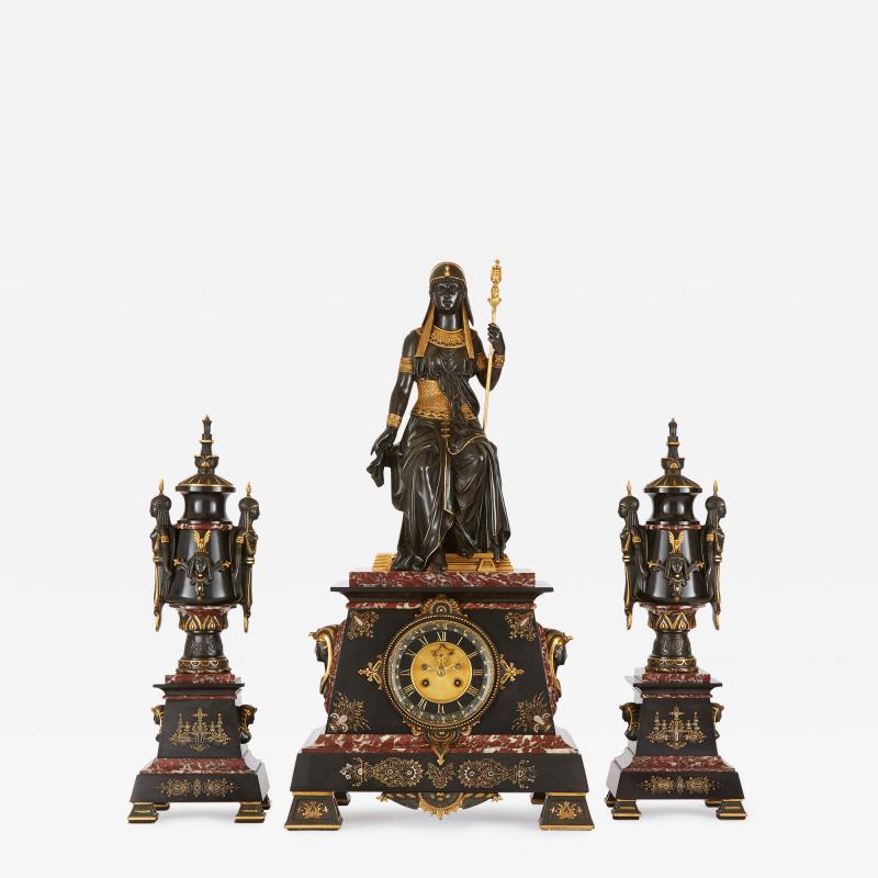 Pierre Eug ne Emile Herbert Egyptian Revival gilt bronze clock set attributed to P E F Herbert