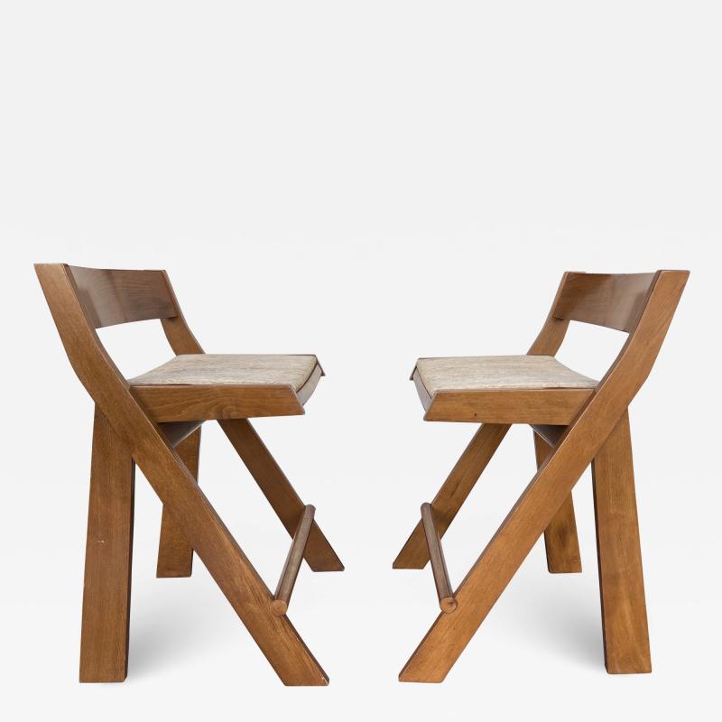 Pierre Jeanneret Pair of Compas Wood Counter Stools Italy