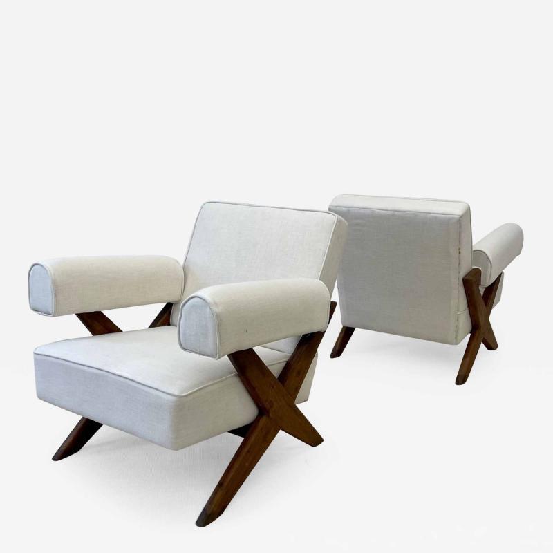 Pierre Jeanneret Pair of Pierre Jeanneret X Leg Upholstered Lounge Chairs Mid Century Modern