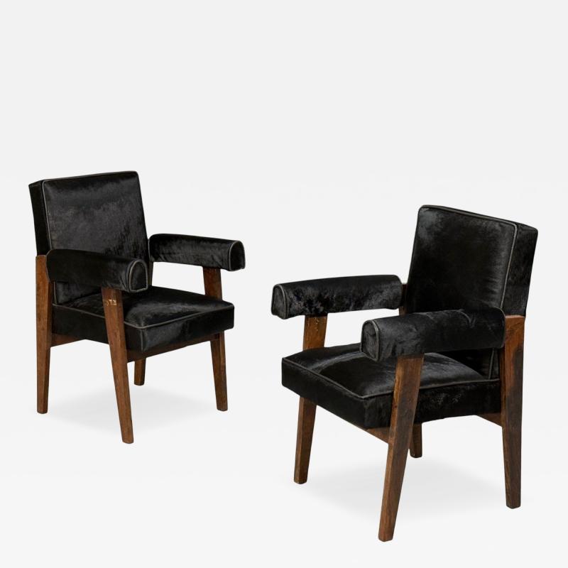 Pierre Jeanneret Pierre Jeanneret Advocate Armchairs Black Cowhide Teak Chandigarh 1960s