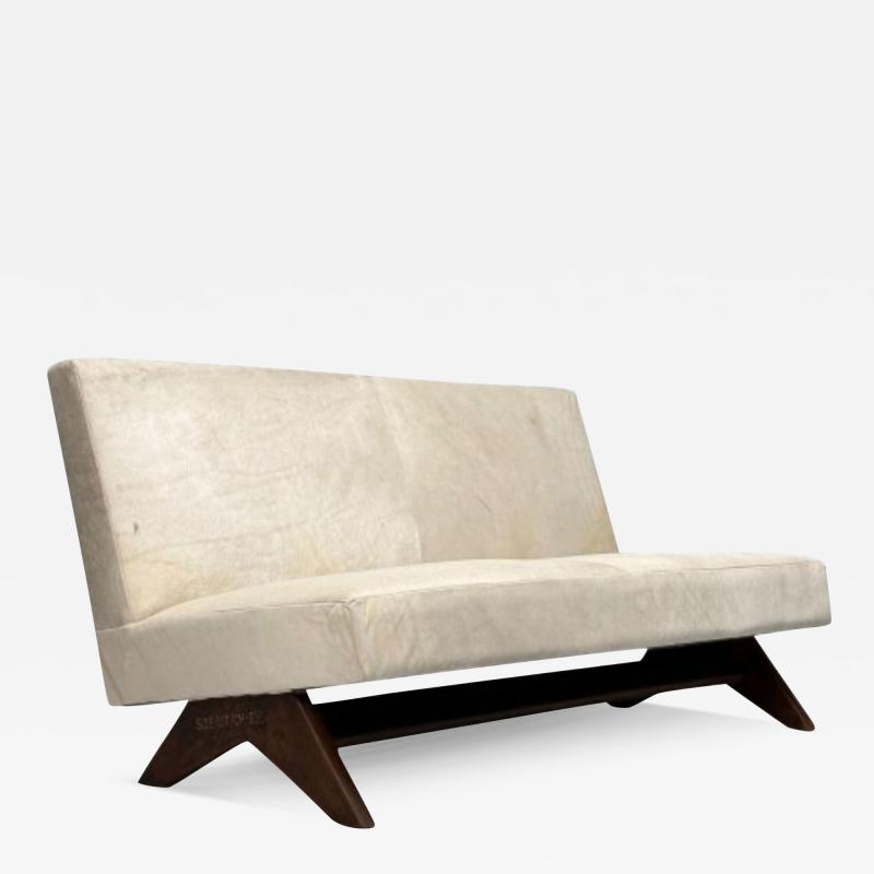 Pierre Jeanneret Pierre Jeanneret French Mid Century Modern Fireside Sofa Teak White Cowhide