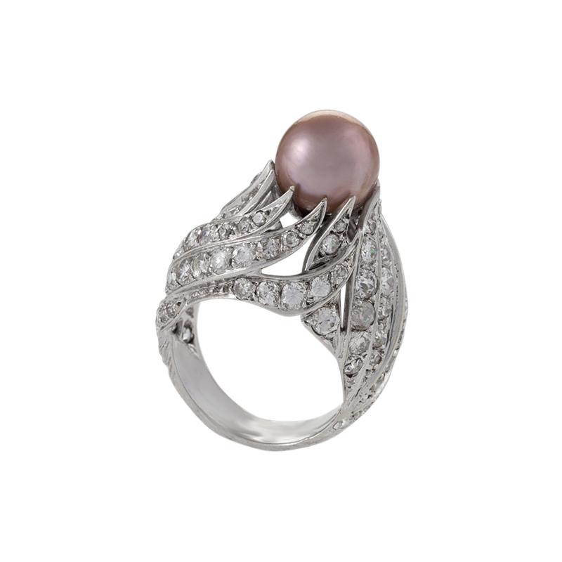 Pierre Sterl Sterl Mid 20th Century Diamond Natural Pearl and Gold Ring