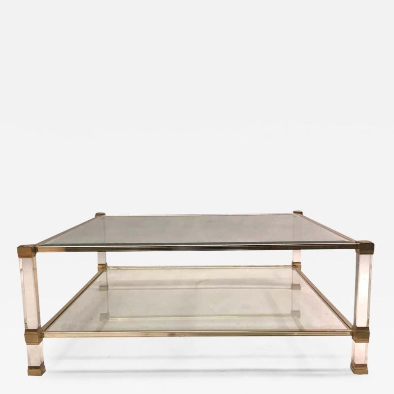 Pierre Vandel Large Square French Midcentury Double Tier Lucite and Brass Coffee Table Vandel