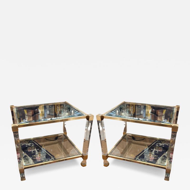 Pierre Vandel Pair of Pierre Vandel Lucite and Gilded Metal with Beveled Glass Side Tables