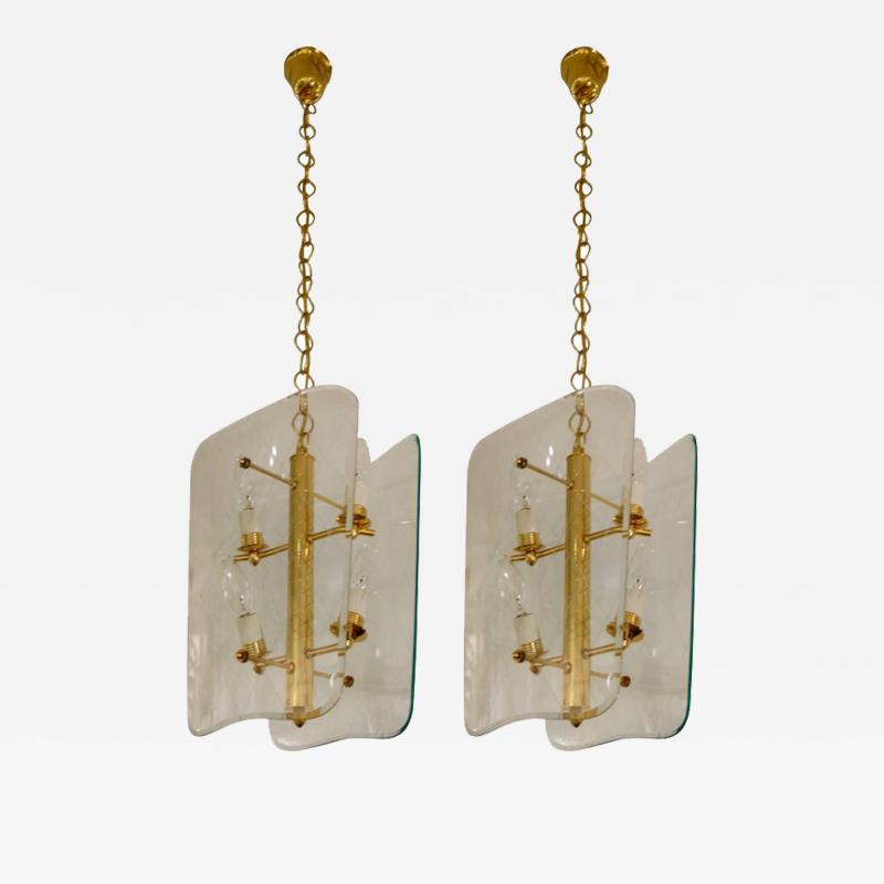 Pietro Chiesa Pair of Vintage Glass and Brass Pietro Chiesa Style Lanterns or Chandeliers