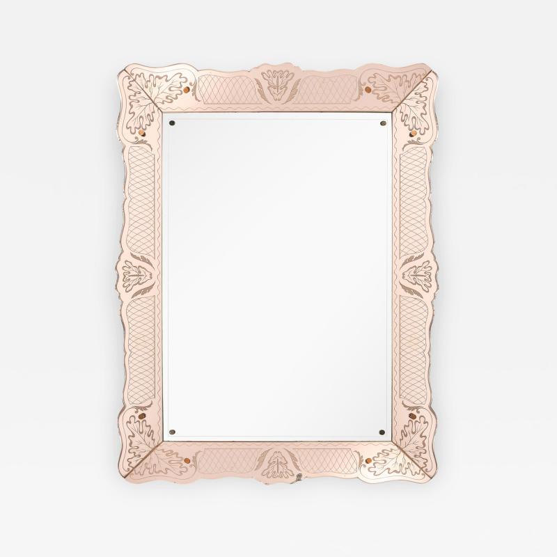 Pietro Chiesa Rare Rectangular Pink Rose Etched Glass Mirror by Pietro Chiesa