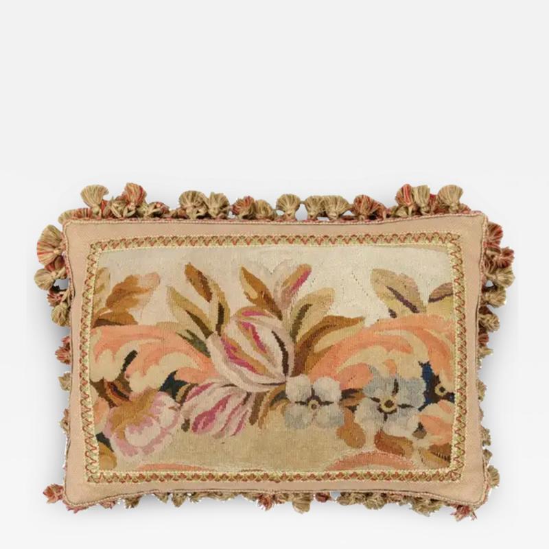 Pillow Made from a 19th Century French Tapestry with Floral D cor and Tassels