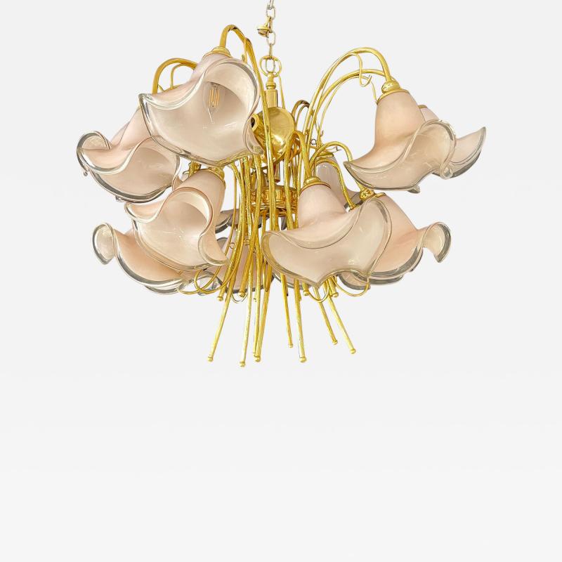 Pink Murano Glass Tulip Form Brass Chandelier