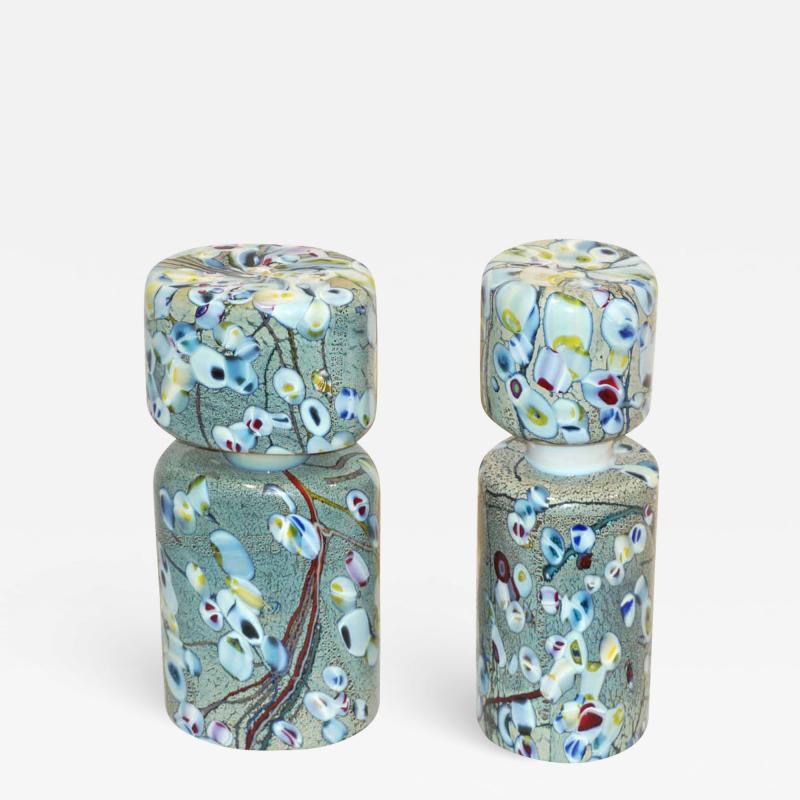 Pino Signoretto Pino Signoretto 1980s Pair of Silver Green Blue Yellow Red Murano Glass Bottles