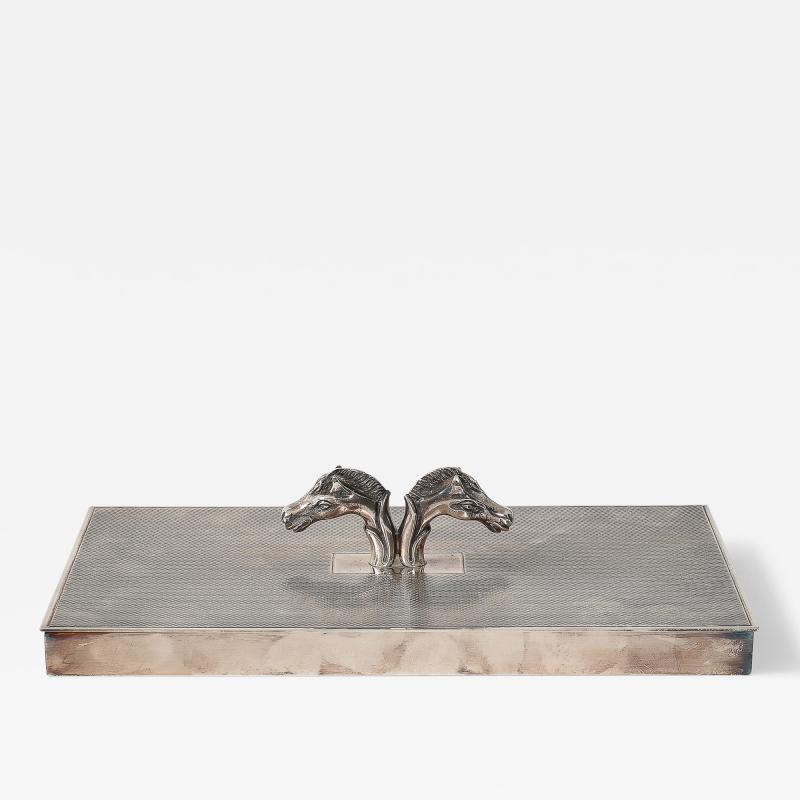 Plated Silver Box with Double Horse Head Decoration by Hermes Italy c 1955