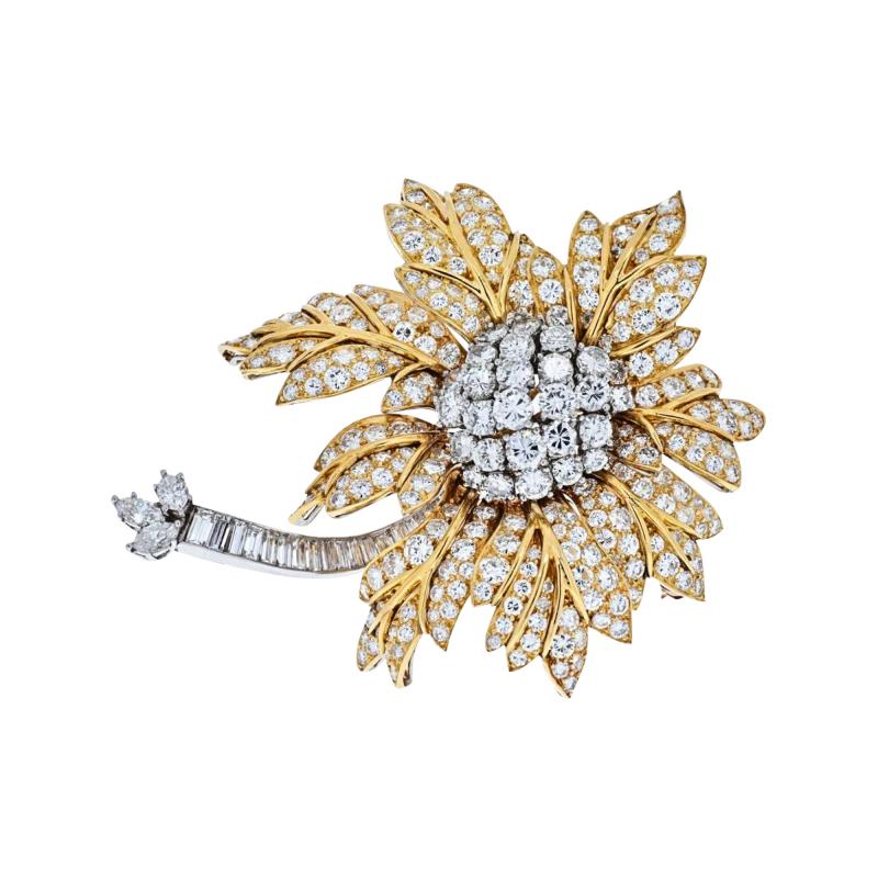 Platinum 18K Yellow Gold 22 Carat Diamond Flower Brooch