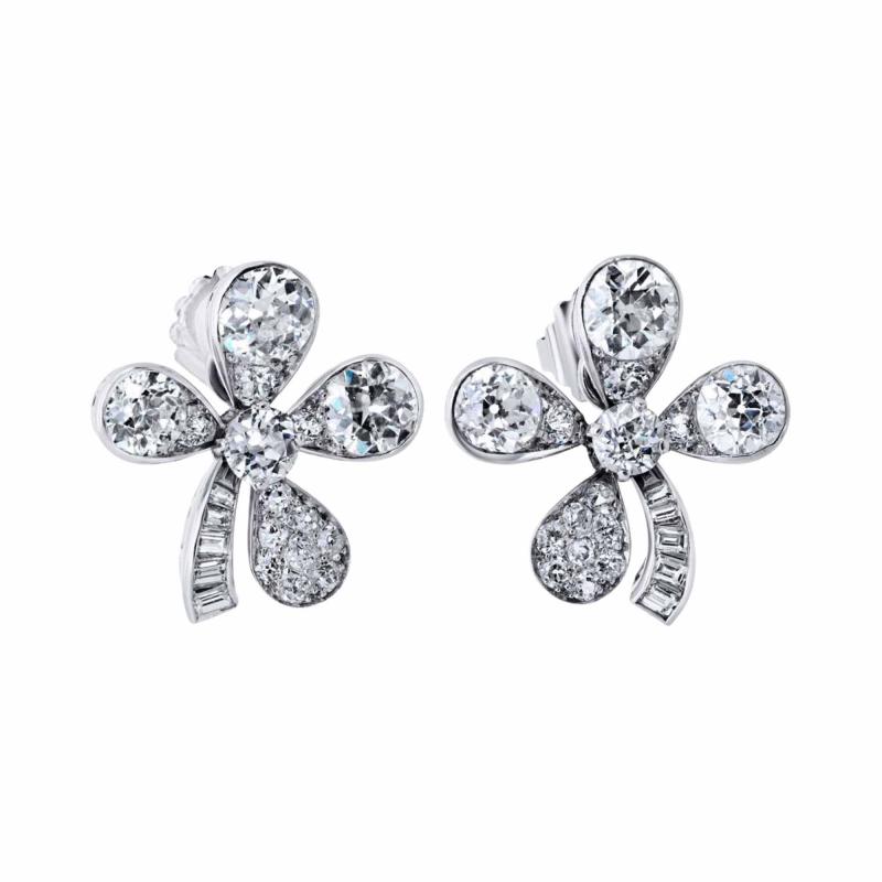 Platinum 4 Leaf Clover Style 8 67cts Old Euro Diamond Earrings