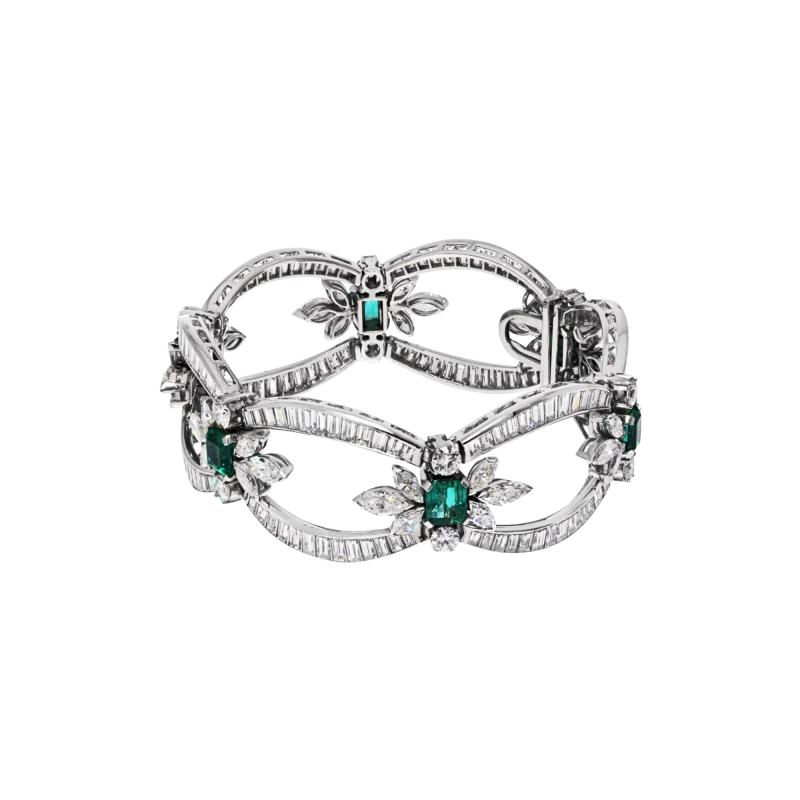 Platinum Baguette Round And Marques Cut Diamond And Green Emerald Bracelet