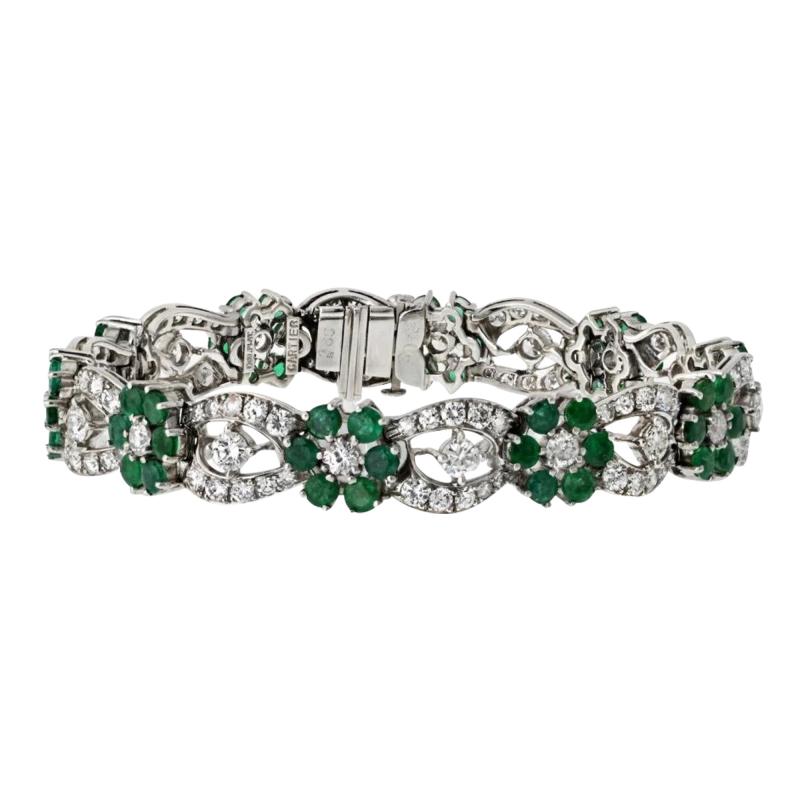 Platinum Diamond And Green Emerald Flower Bracelet