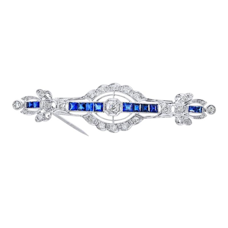 Platinum Diamond And Sapphire Old European Cut Brooch