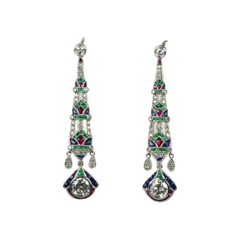 Platinum Diamond Sapphire Emerald Ruby Drop Earrings